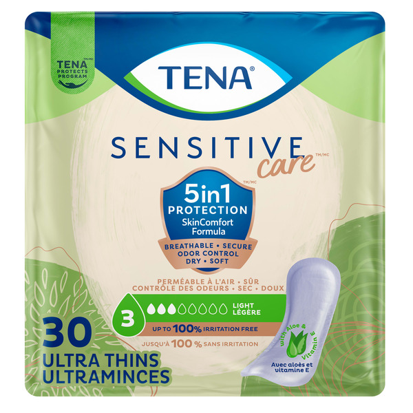 TENA Intimates Sensitive Care Ultra Thin Light Incontinence Pads, Regular, 30 ct