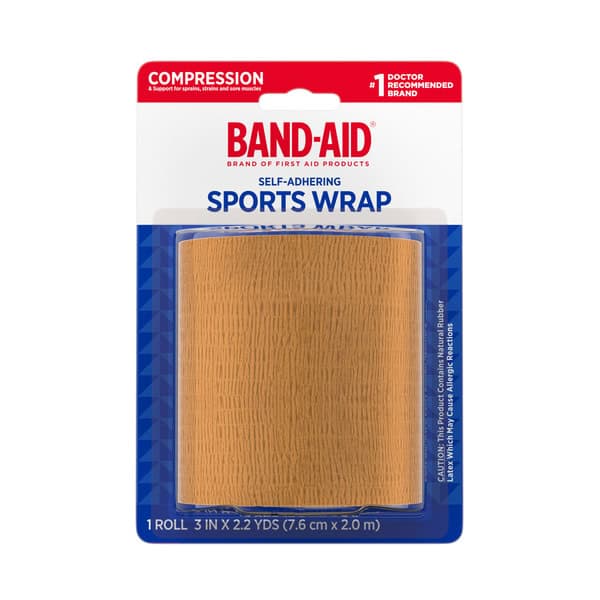 BAND-AID First Aid Products Self-Adhering Sports Wrap, Self-Adherent Compression Sports Wrap for Sprains, Strains & Sore Muscles, Support Wrap for Knees, Ribs & Thighs, 3 in x 2.2 yd