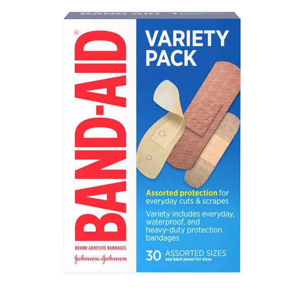 BAND-AID Adhesive Bandage Variety Pack with Water Block Flex, Skin-Flex & Tough Strips Bandages for First Aid Wound Care of Minor Cuts, Scrapes & Burns, Assorted Sizes, 30 ct