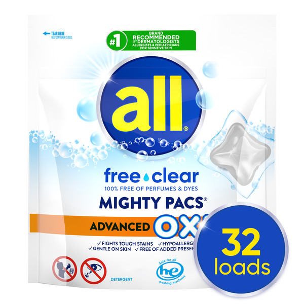 All Unit Dose Laundry Detergent, Mighty Pacs, Free Clear, OXI, 32 Count