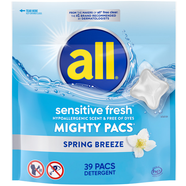 All Unit Dose Laundry Detergent, Mighty Pacs, Sensitive Fresh, 39 Count