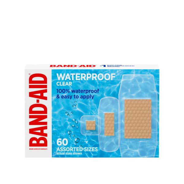 BAND-AID Clear Waterproof Adhesive Bandages, Sterile First-Aid Bandages for Minor Wounds, Cuts & Scrapes, Clear Bandages with a Quilt-Aid Pad to Cushion Wounds, Assorted Sizes, 60 ct